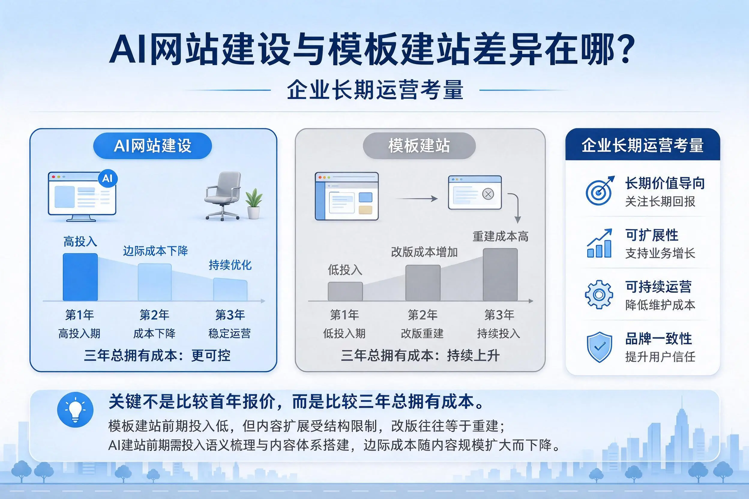 AI网站建设与模板建站差异在哪?铁门关企业长期运营考量